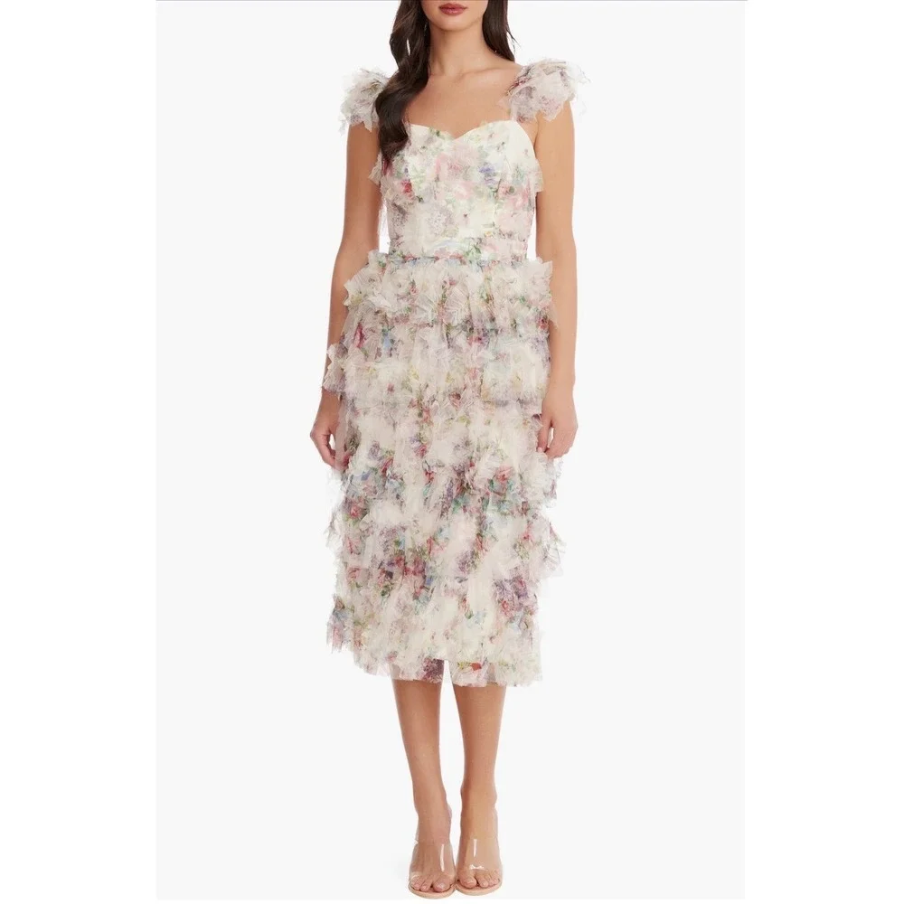 NWT Dress the Population Kristen Ivory Multi Ruffle Tier‎ Midi Dress Sz Small - Picture 9 of 9